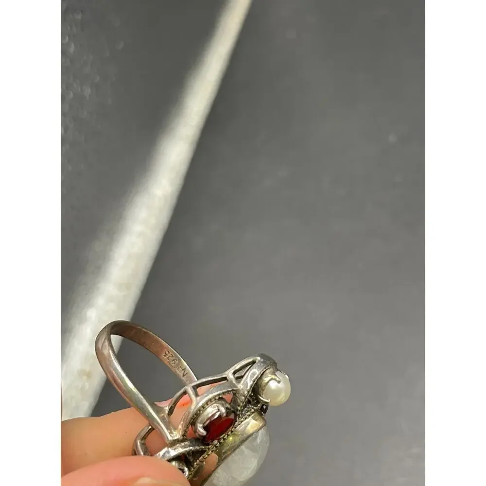 Vtg Nicky Butler Moonstone Garnet Sterling Silver 925 Bead Open Work Size 9 Ring